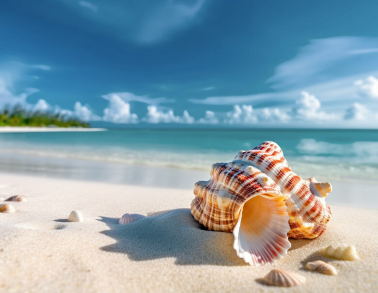 Velika školjka na peščeni plaži s turkizno modrim morjem in oblaki v ozadju, ki simbolizira počitek in sprostitev.